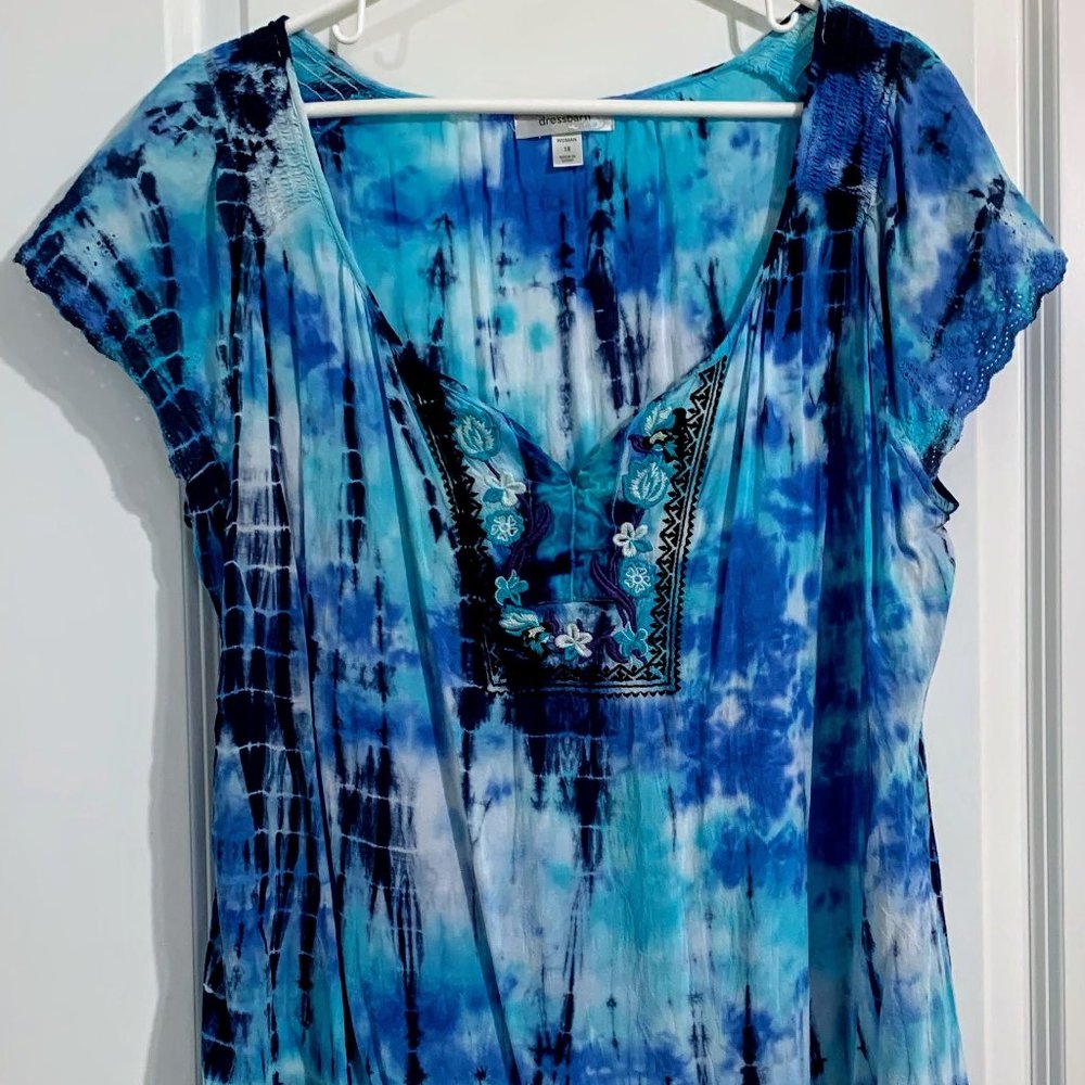 Blue Tie-Dye Embroidered Tee